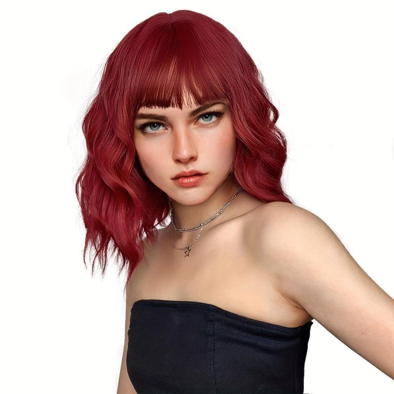 Red Short Curly Wavy Hair Wig with Bangs for Women - Synthetic Fiber