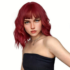 Red Short Curly Wavy Hair Wig with Bangs for Women - Synthetic Fiber