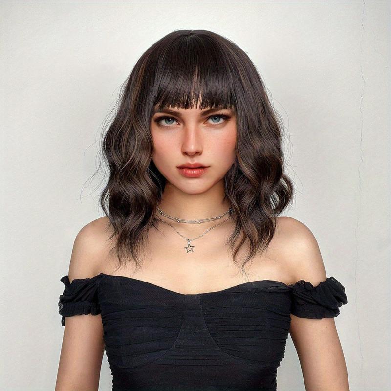 Red Short Curly Wavy Hair Wig with Bangs for Women - Synthetic Fiber