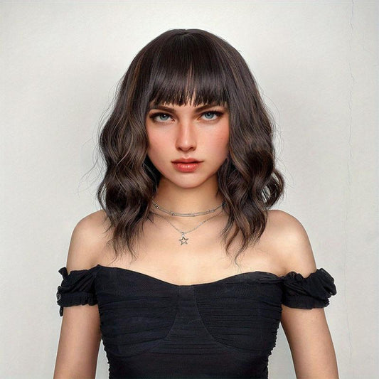 Red Short Curly Wavy Hair Wig with Bangs for Women - Synthetic Fiber