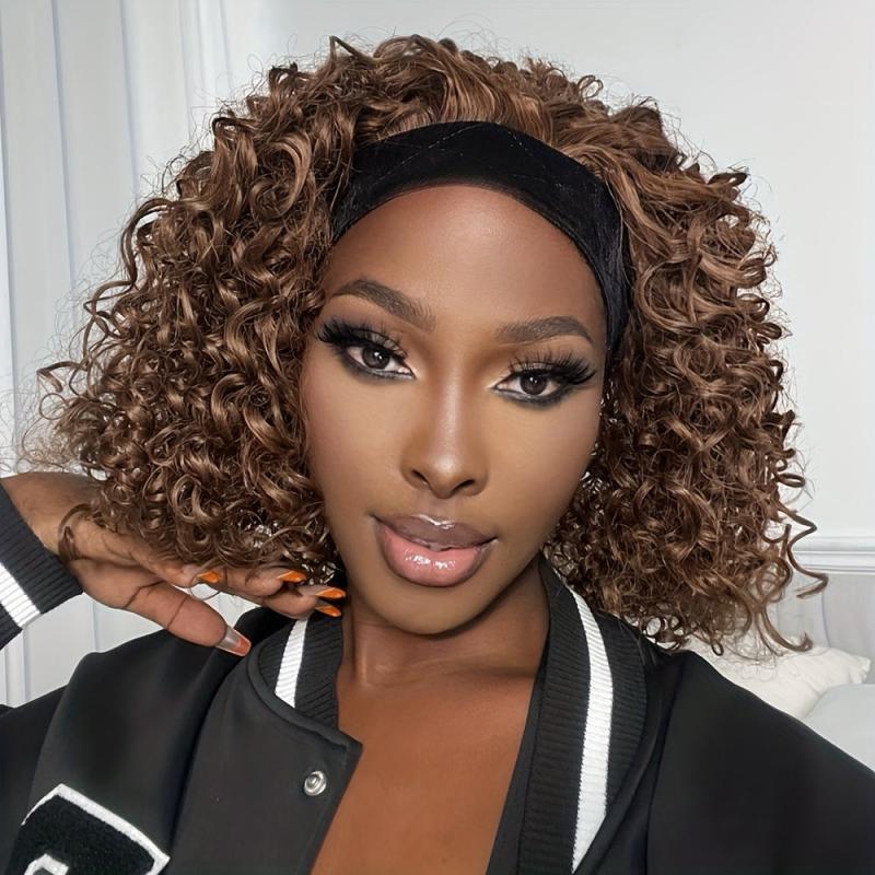 Short Afro Kinky Curly Headband Wig 30-48 cm Synthetic Fiber Natural Look