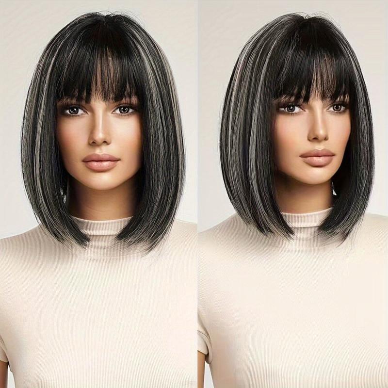 Short Straight Bob Hair Wig with Bangs Synthetic Fiber Hair Replacement