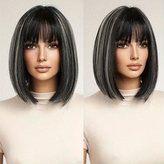 Short Straight Bob Hair Wig with Bangs Synthetic Fiber Hair Replacement