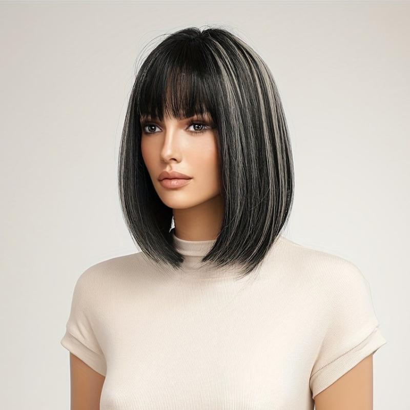 Short Straight Bob Hair Wig with Bangs Synthetic Fiber Hair Replacement