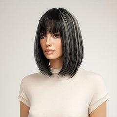 Short Straight Bob Hair Wig with Bangs Synthetic Fiber Hair Replacement