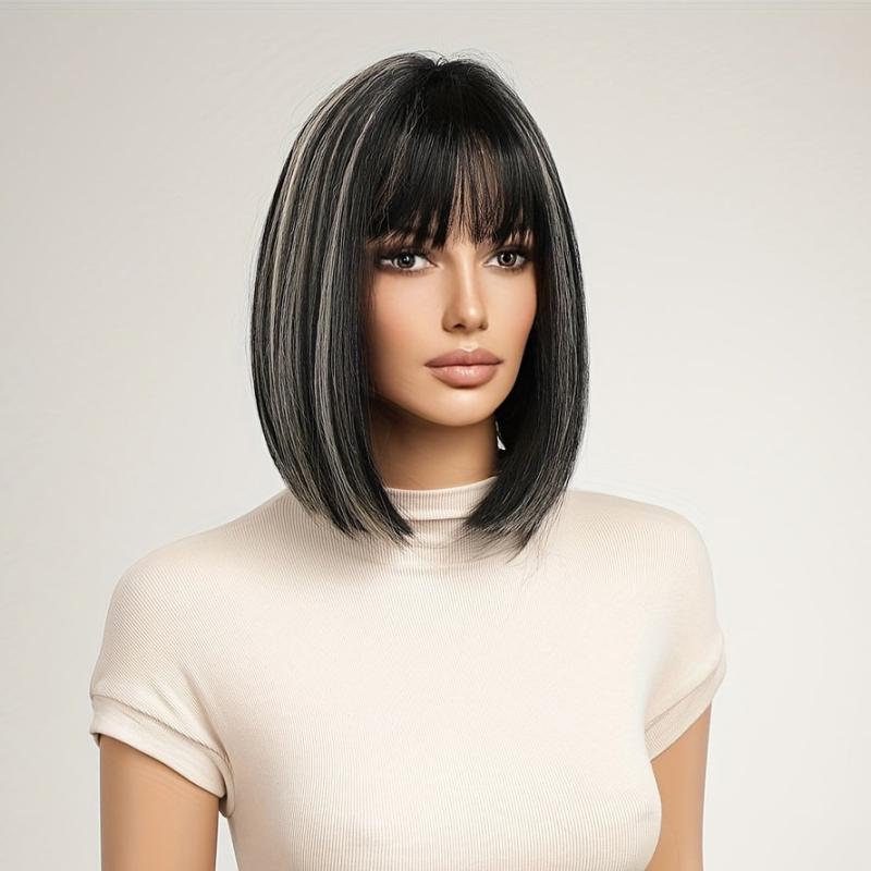 Short Straight Bob Hair Wig with Bangs Synthetic Fiber Hair Replacement