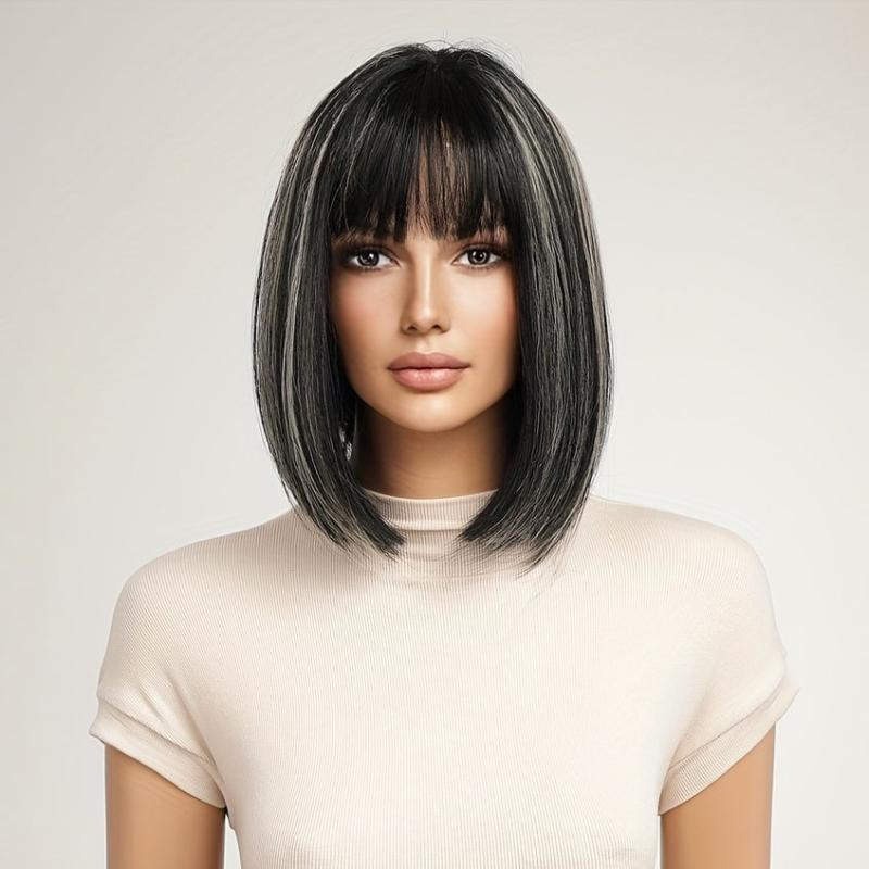 Short Straight Bob Hair Wig with Bangs Synthetic Fiber Hair Replacement