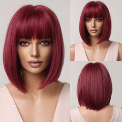 Short Straight Bob Hair Wig with Bangs Synthetic Fiber Hair Replacement