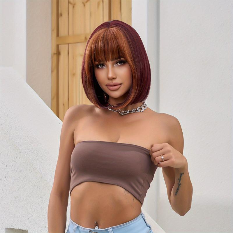 Red Mixed Brown Short Bob Straight Hair Wigs With Bangs For Women Girls