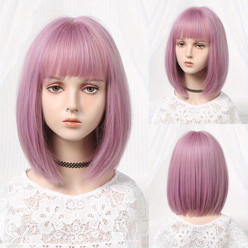 Short Bob Highlight Straight Hair Wigs With Bangs Synthetic Fiber Hair Wigs