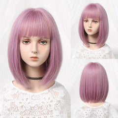 Short Bob Highlight Straight Hair Wigs With Bangs Synthetic Fiber Hair Wigs