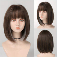 Short Bob Highlight Straight Hair Wigs With Bangs Synthetic Fiber Hair Wigs