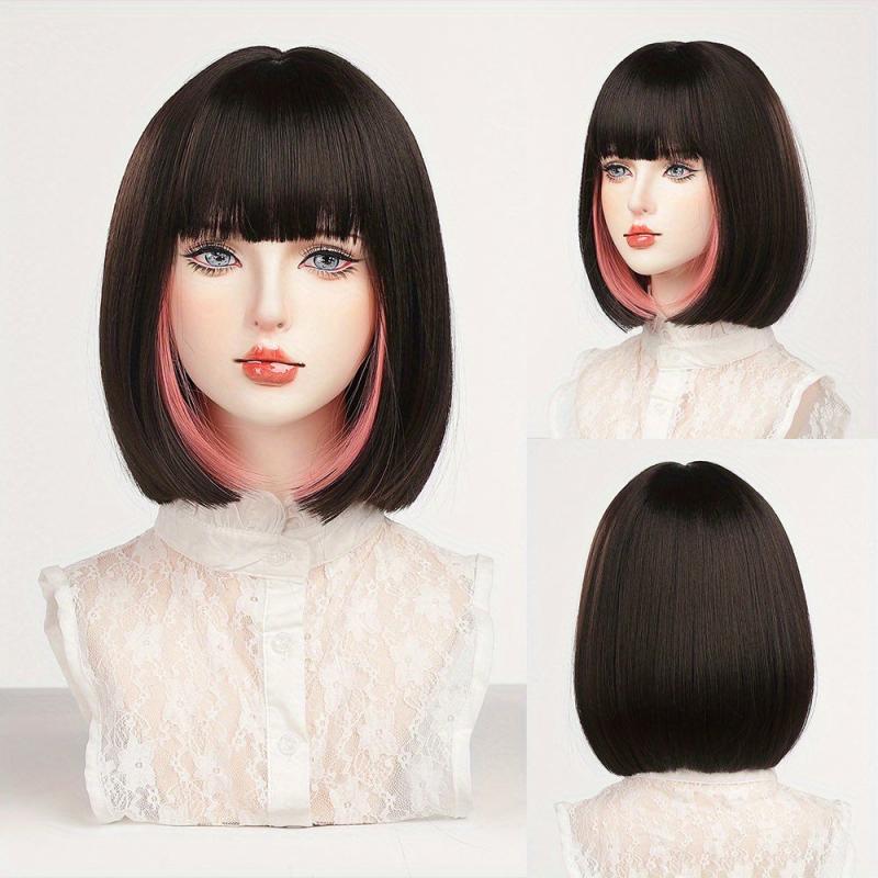 Short Bob Highlight Straight Hair Wigs With Bangs Synthetic Fiber Hair Wigs