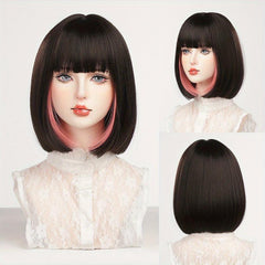 Short Bob Highlight Straight Hair Wigs With Bangs Synthetic Fiber Hair Wigs