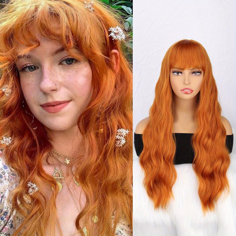 66 Cm Orange Water Wave Synthetic Hair Wig with Bangs