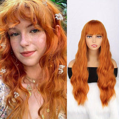 66 Cm Orange Water Wave Synthetic Hair Wig with Bangs
