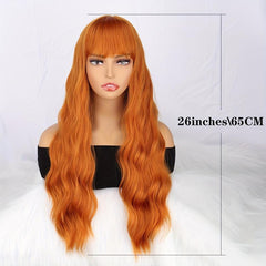 66 Cm Orange Water Wave Synthetic Hair Wig with Bangs