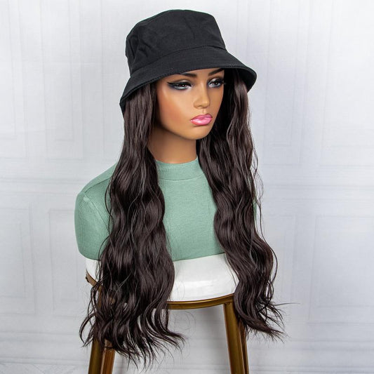 Long Water Wavy Hair Wig With Fisherman's Hat Natural And Hair Wig