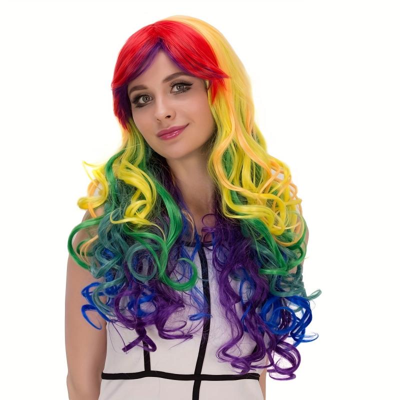 Colorful Wavy Curly Wig with Bangs for Cosplay Party