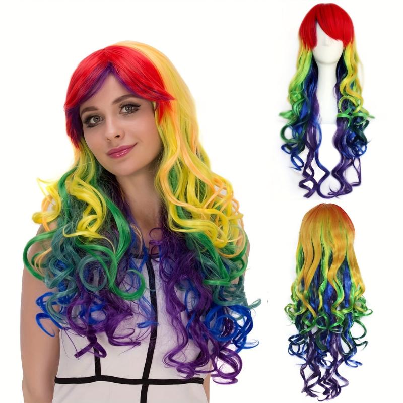 Colorful Wavy Curly Wig with Bangs for Cosplay Party