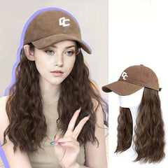 Long Wavy Hair Baseball Cap Brown Adjustable Hat With Synthetic Wig