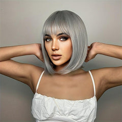 Short Silver Gray Straight Bob Wigs For Women Silver Gray Pixie Layered Hair Wig