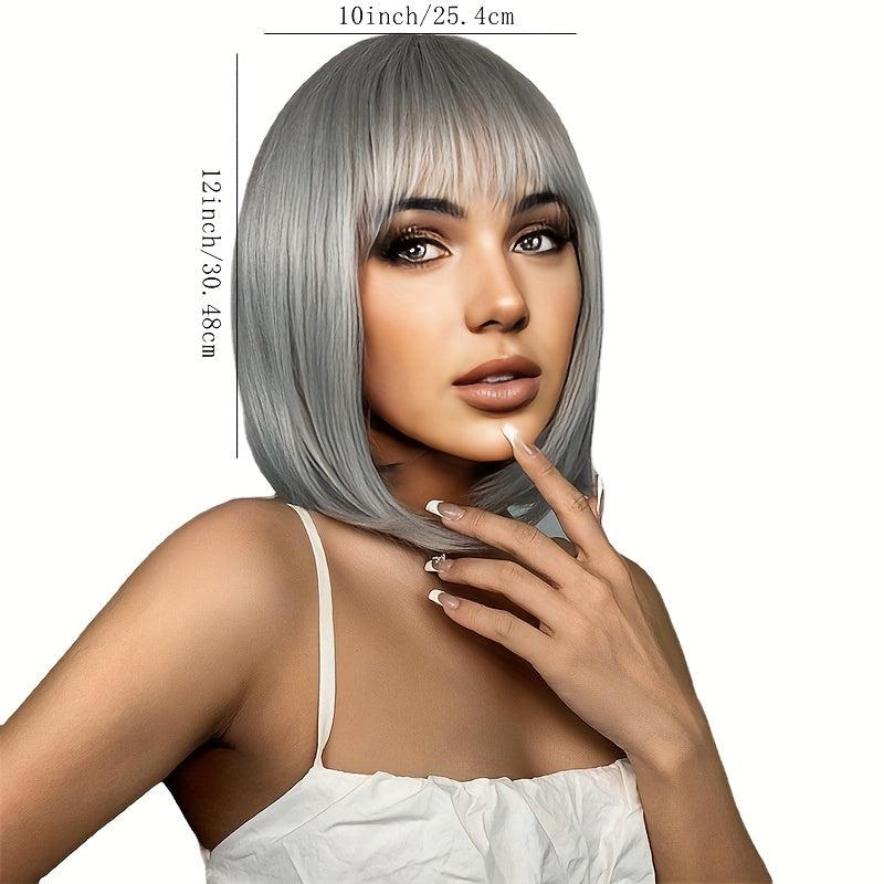 Short Silver Gray Straight Bob Wigs For Women Silver Gray Pixie Layered Hair Wig