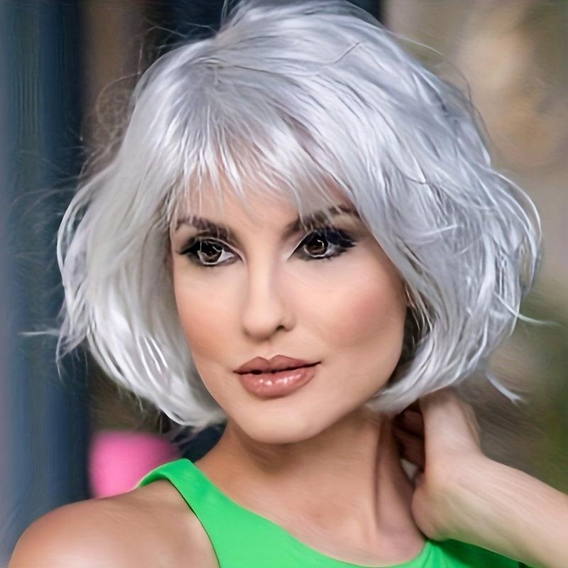Short Silver Gray Straight Bob Wigs For Women Silver Gray Pixie Layered Hair Wig