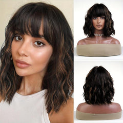 Brown Highlights Wavy Bob Wig With Bangs