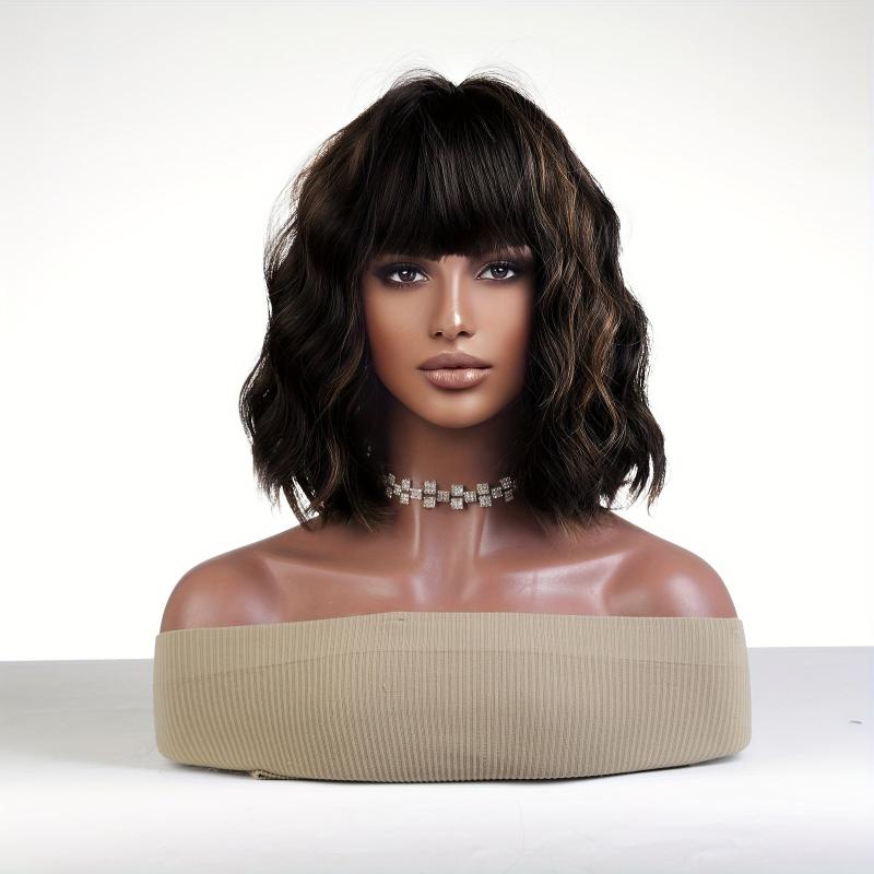 Brown Highlights Wavy Bob Wig With Bangs