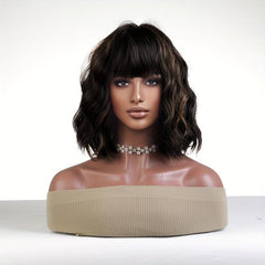 Brown Highlights Wavy Bob Wig With Bangs