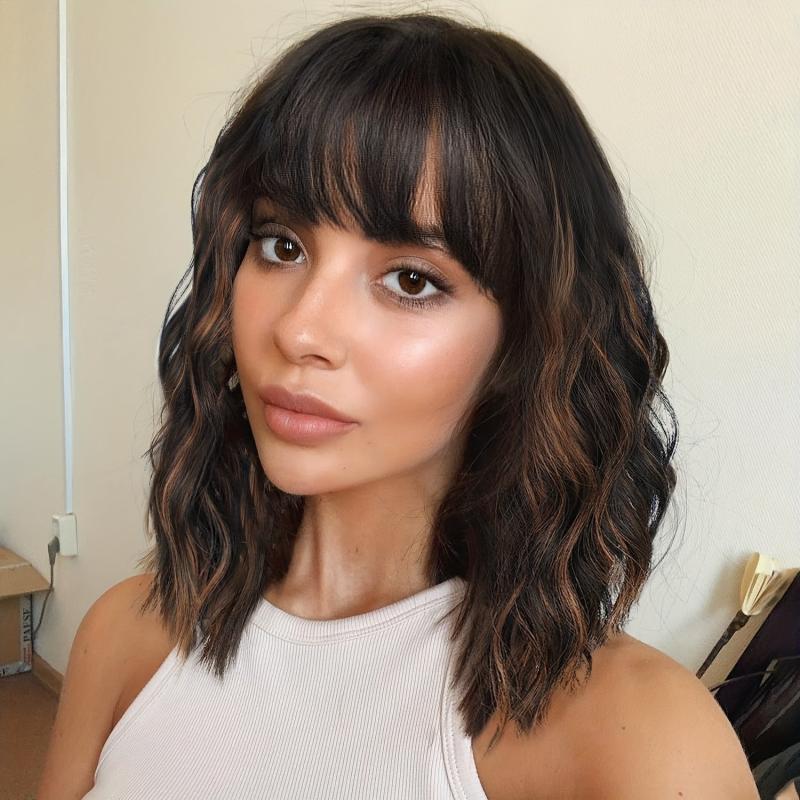 Brown Highlights Wavy Bob Wig With Bangs
