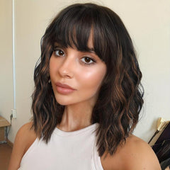 Brown Highlights Wavy Bob Wig With Bangs
