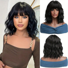 Brown Highlights Wavy Bob Wig With Bangs