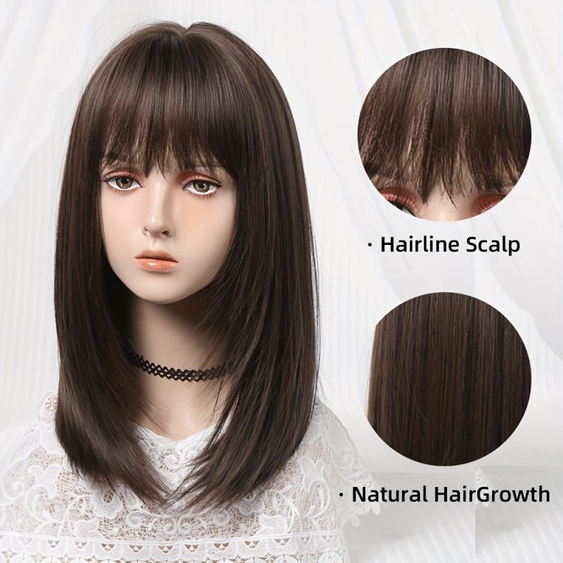 Short Bob Wig With Bangs Two Tone Natural Straight Synthetic Short Lolita Wig