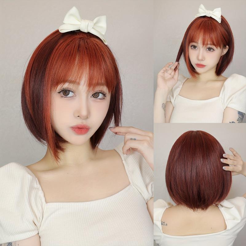 Short Bob Wig With Bangs Two Tone Natural Straight Synthetic Short Lolita Wig