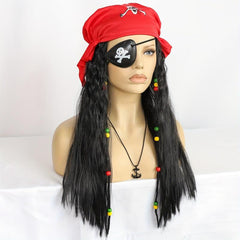 Pirate Wig Head Scarf Necklace Eye Patch Curly Anime Cosplay Wig