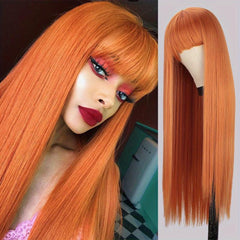Long Straight Synthetic Wig With Bangs Copper Ginger Orange For Women