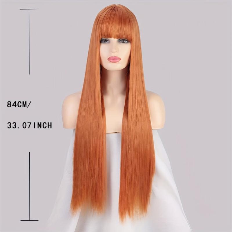 Long Straight Synthetic Wig With Bangs Copper Ginger Orange For Women