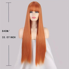 Long Straight Synthetic Wig With Bangs Copper Ginger Orange For Women