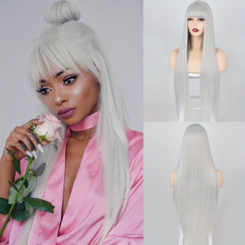 Long Straight Synthetic Wig With Bangs Copper Ginger Orange For Women