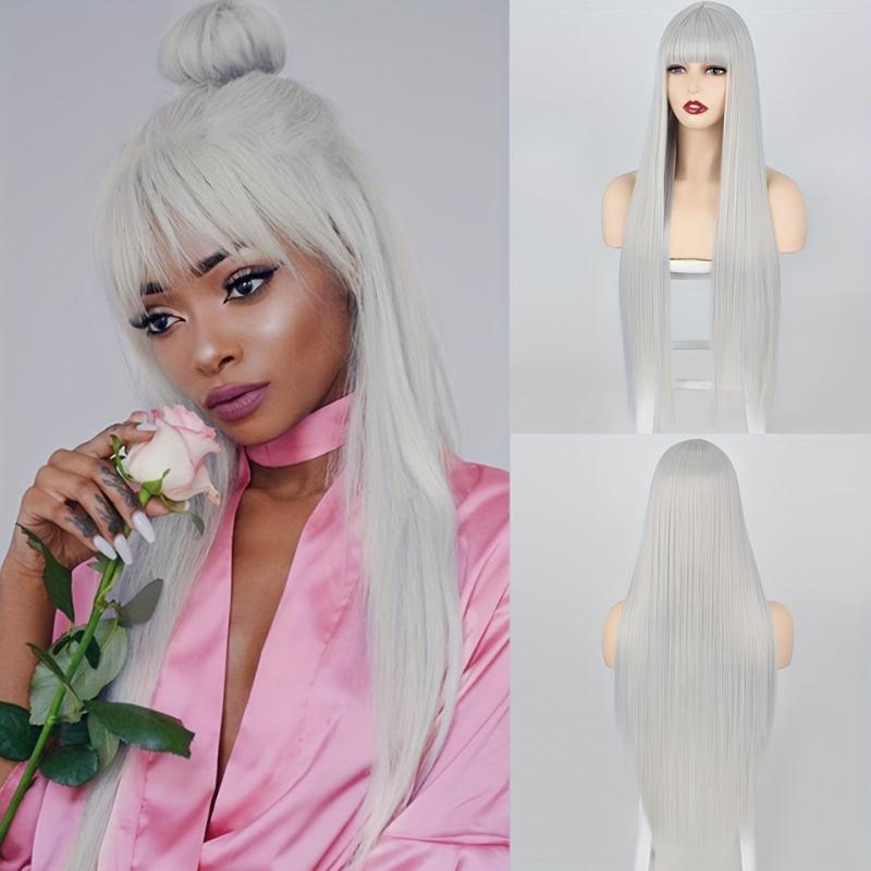 Long Straight Synthetic Wig With Bangs Copper Ginger Orange For Women