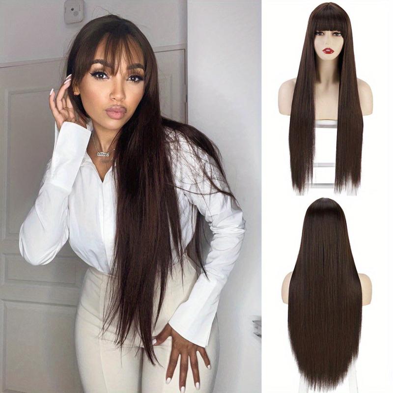 Long Straight Synthetic Wig With Bangs Copper Ginger Orange For Women
