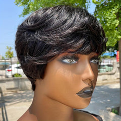 Short Human Hair Pixie Cut Wig with Bangs 150 Density