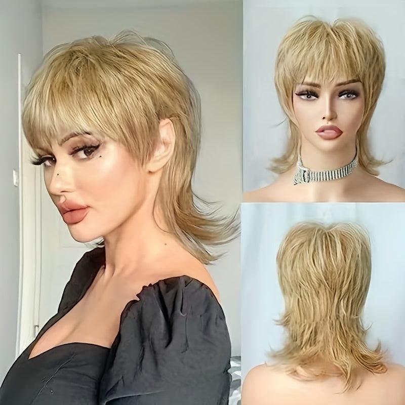 Blonde Short Shaggy Wavy Wig With Bangs 80s Rocker Mullet