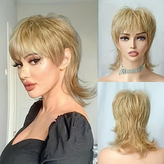 Blonde Short Shaggy Wavy Wig With Bangs 80s Rocker Mullet