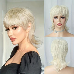 Blonde Short Shaggy Wavy Wig With Bangs 80s Rocker Mullet