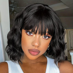 Short Curly Bob Cut Synthetic Wig With Bangs Natural Looking