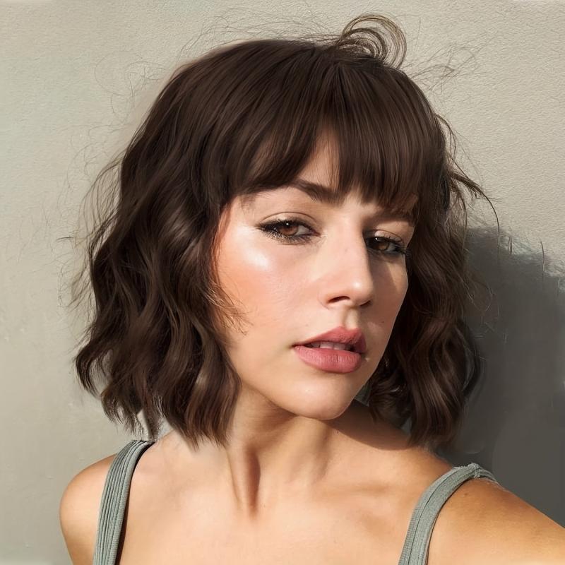 Short Curly Bob Cut Synthetic Wig With Bangs Natural Looking