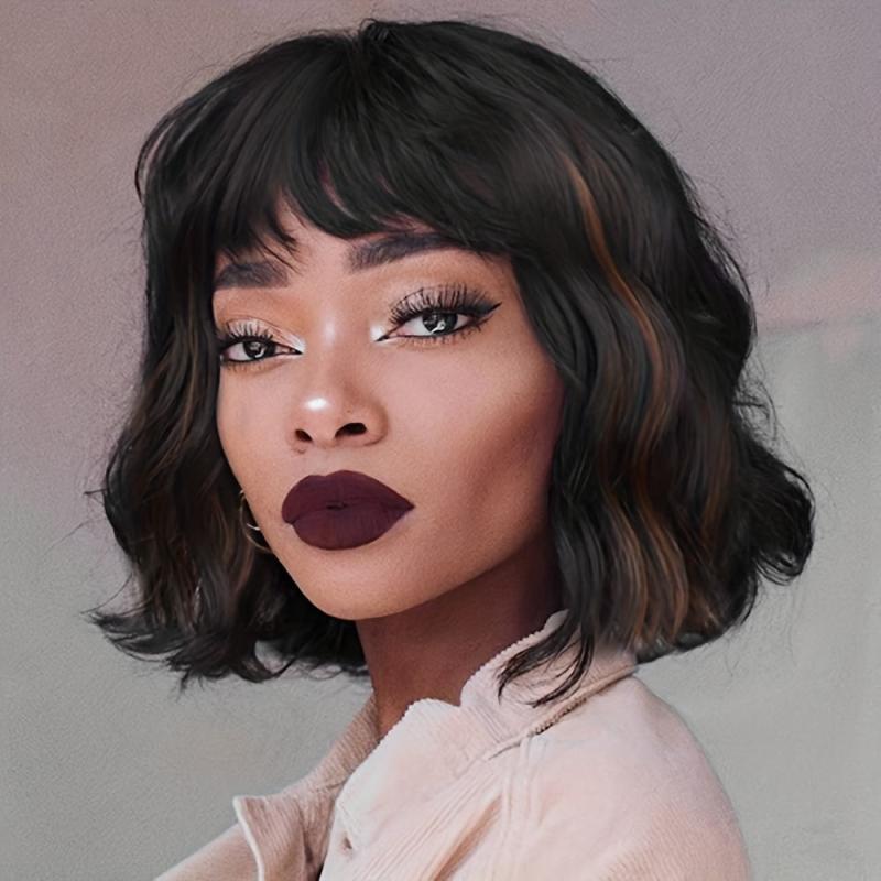 Short Curly Bob Cut Synthetic Wig With Bangs Natural Looking